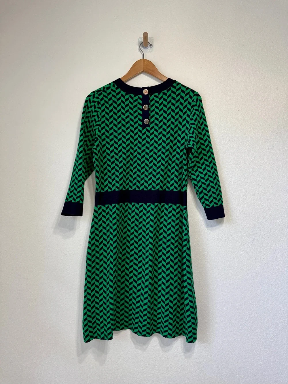 Boden Green & Navy Geometric Knit Fit & Flare Dress US 12 - Picture 5 of 6